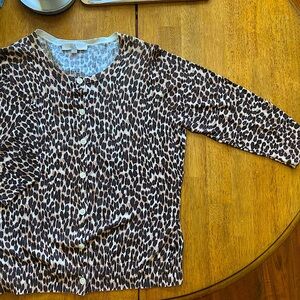 LOFT Lightweight Leopard Print Button Down Crew Neck Cardigan Sweater, 14 Plus